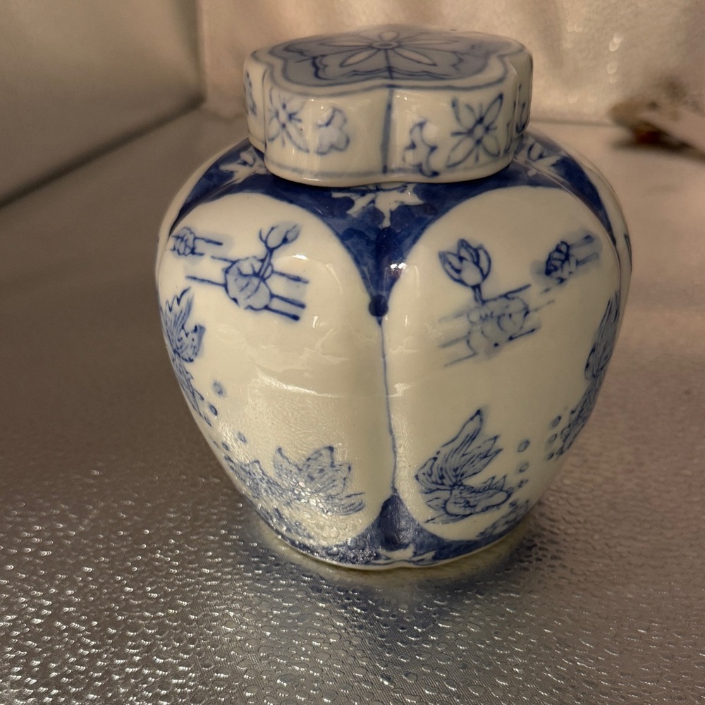 Vintage blue and white porcelain ginger jar.